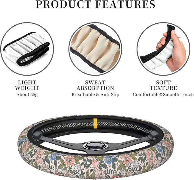 Steering Wheel Cover Universal Fit Car Interior Accessories for Women Men 15 Inch Breathable Anti Slip Odorless Neoprene Stee