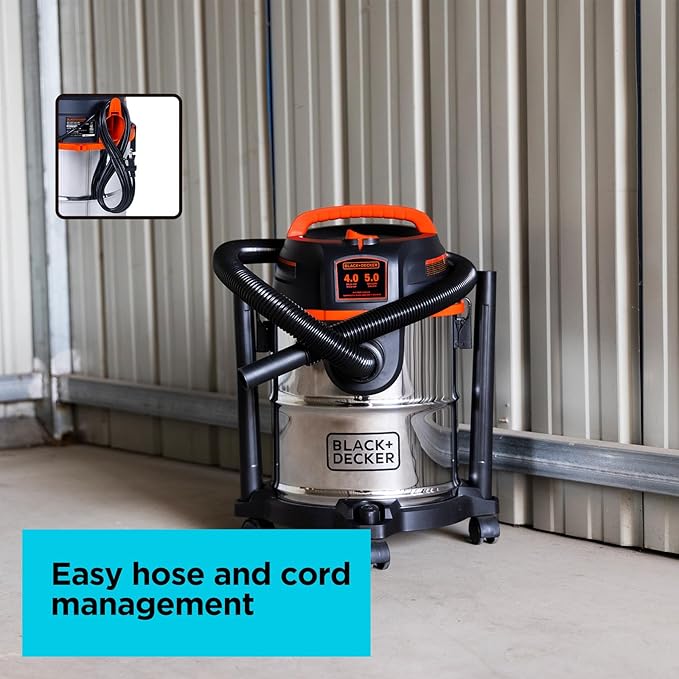 BLACK+DECKER Shop Vacuum Wet and Dry, 5 Gallon 3-in-1 Stainless Steel Shop Vac with Accessories, 4 HP Vacuum Cleaner, for Wor