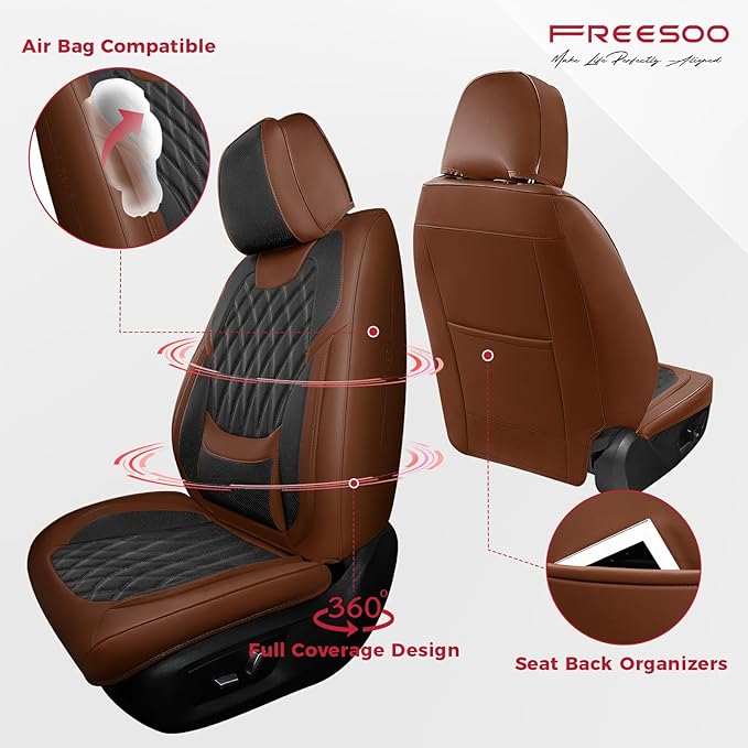 FREESOO Black Brown Car Seat Covers Full Set - Faux Nappa Leather Seat Covers for Cars, Breathable Waterproof Front Seats Pro