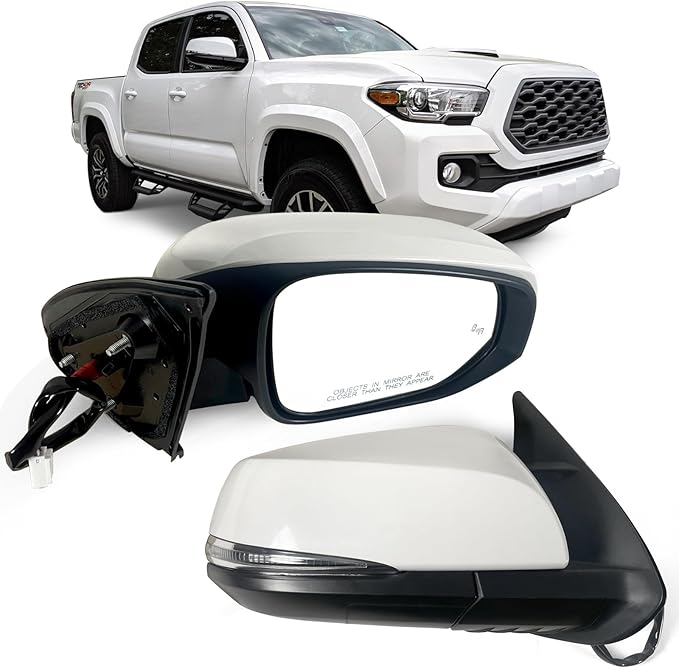 Right Passenger side Mirror Fits 2016-2022 Toyota Tacoma With Power Glass, Heated, Turn Signal, Blind Spot Detection and Manual Folding Match to White Paint Replace TO1320350 (8 Pins)