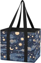 Stars and Moon Reusable Grocery Bags Large Shopping Tote Bag with Reinforced Bottom Board, Water Resistant Foldable Storage B
