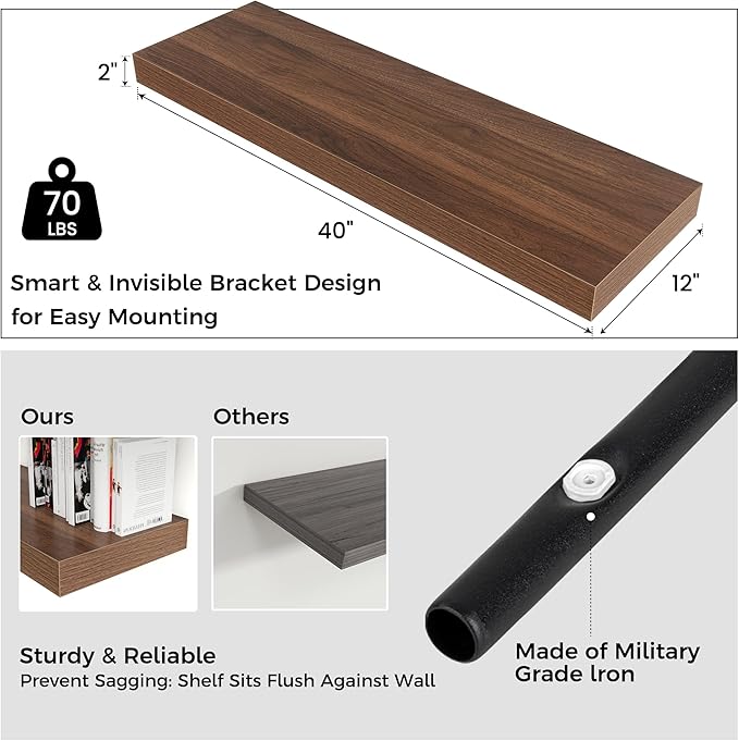 Floating Shelves for Wall, 40" W x 12" D x 2" H, 1 Pack of Long Wall Mounted Engineered Wood Shelves with Invisible Brackets 