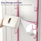 SWTYMIKI Over The Door Purse Organizer - Wall Mounted Handbag Organizer with 16 Hooks and Metal Basket, Hanging Purse Storage
