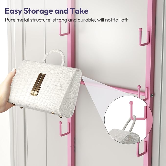 SWTYMIKI Over The Door Purse Organizer - Wall Mounted Handbag Organizer with 16 Hooks and Metal Basket, Hanging Purse Storage