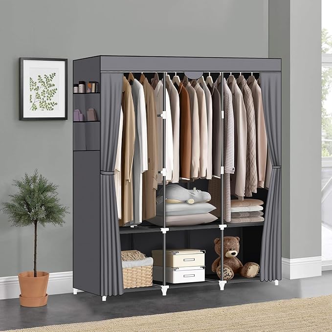LOKEME Portable Closet, Wardrobe Closet with 3 Hanging Rods and 6 Storage Shelves and 4 Side Pockets, Gray Portable Closets f