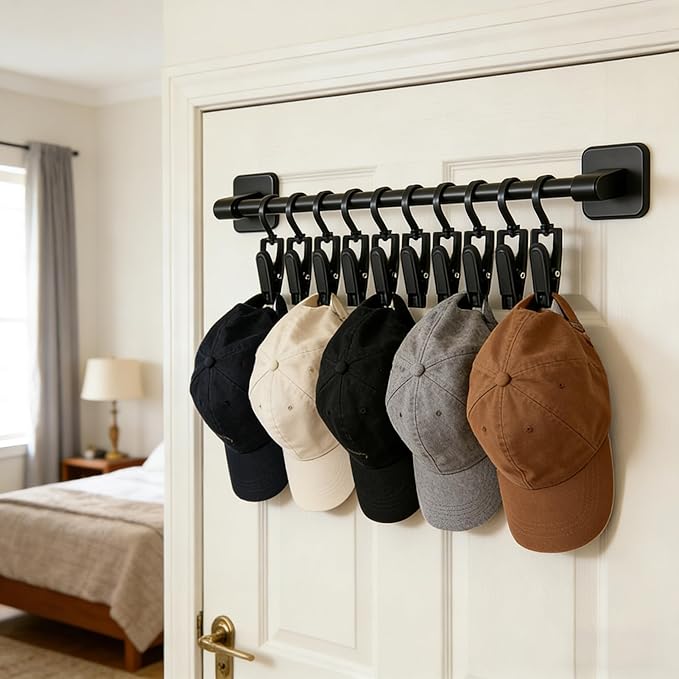 4 Pack Hat Hanger for Door, Wall Hat Storage Organizer Rack with 40 Clips for Baseball Cap, Black Hat Holder Wall-Mounted Cap