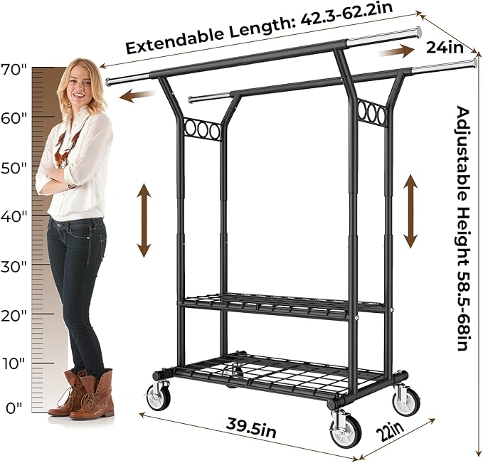 HYSEYY Heavy Duty Clothes Rack, Rolling Clothing Rack With Shelves Load 620 LBS, Double Rod Clothing Racks for Hanging Clothe