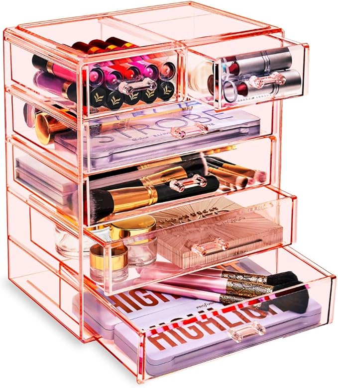 Sorbus Acrylic Makeup Organizer Set, 6-Drawer Vanity & Countertop Cosmetic Storage with Small & Wide Drawers, Pink Makeup Sto