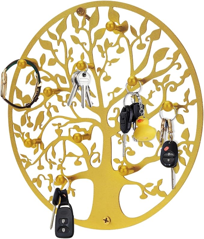 Round Decorative Home Key Holder Wall Mount, Metal Tree Car Key Rack for Wall Organizer for Keys, Wallets, Hats, Used for Dec