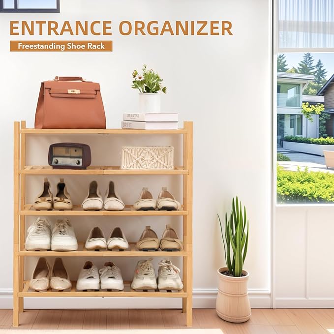 5 Tier Bamboo Shoe Rack Storage Organizer for Closet, Multifunctional Stackable Free Standing Shoe Shelf Organizer for Small 