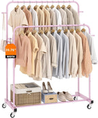 Laiensia Double Rods Garment Rack with Wheels, Clothing Rack for Hanging Clothes,4 Hooks, Multi-Functional Bedroom Clothes Ra