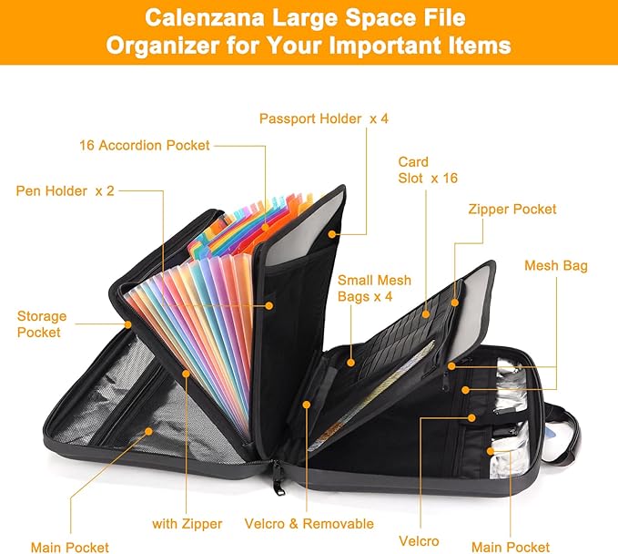 Calenzana Fireproof Document Boxes with TSA Lock, Upgraded 16 Pockets Fireproof＆Water Resistant File Organizer, Hard-Shell Sa