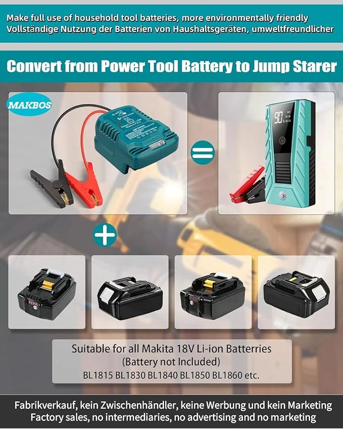 Jumper Cables Adapter for Makita18V Battery Jump Car Starter,12V Portable Jump Car Starter Battery,Automotive Booster Cable Adapter,Up to 3.5L Gas or 6.5L Diesel Engines(Battery not Included)