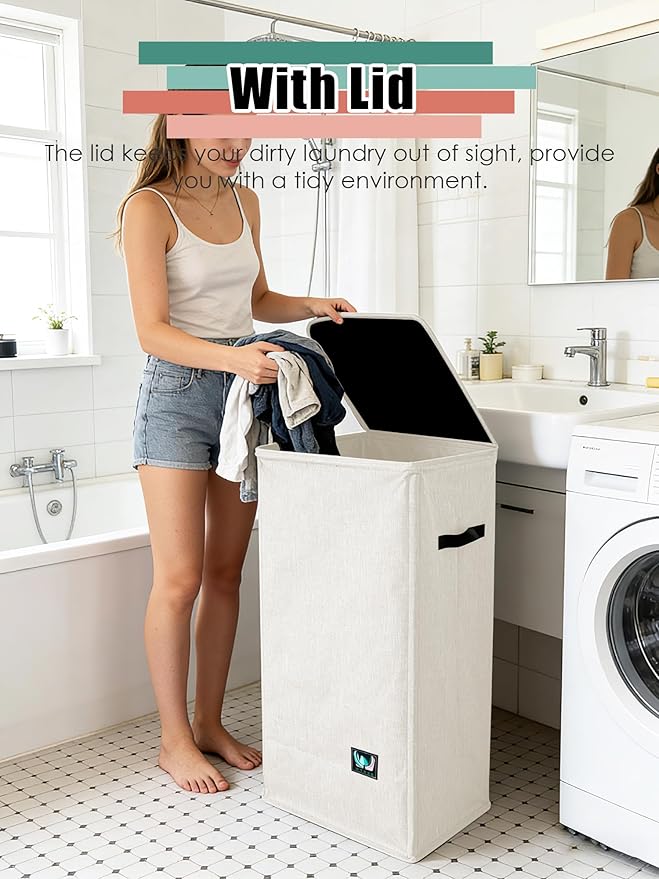 WTREE Laundry Hamper with Lid, Reinforced Sturdy Clothes Hamper with Anti-Puncture Base, Large Collapsible Laundry Basket wit