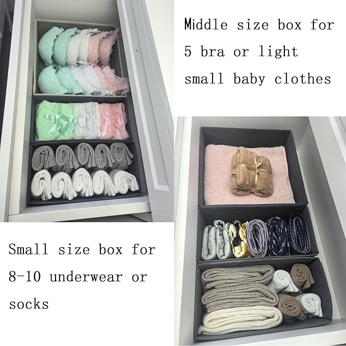 Bructhun Drawer Organizer Set of 4 Beige - Fabric Storage Bins for Clothes, Underwear, Socks & Bras - 11" Dresser Dividers fo