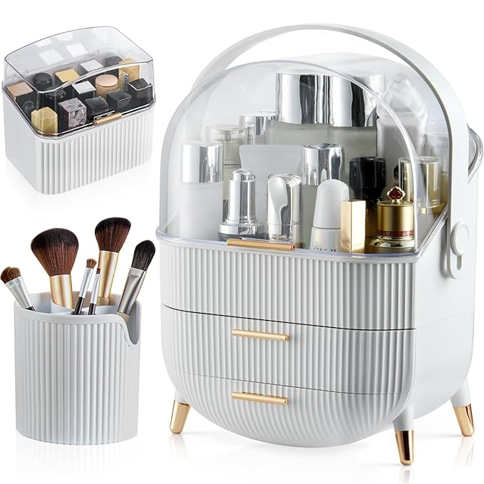 CANITORON Makeup Organizer,Skincare Organizer with 2 Drawers and Brush Storage Box,Lipstick Holder,Cosmetic Display Case for 