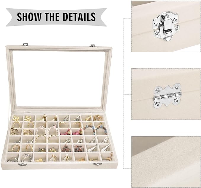 Siveit Velvet Jewelry Tray 48 Grid Jewelry Display Tray Organizer Box with Transparent Lid Rings Earrings Necklaces Pendants 