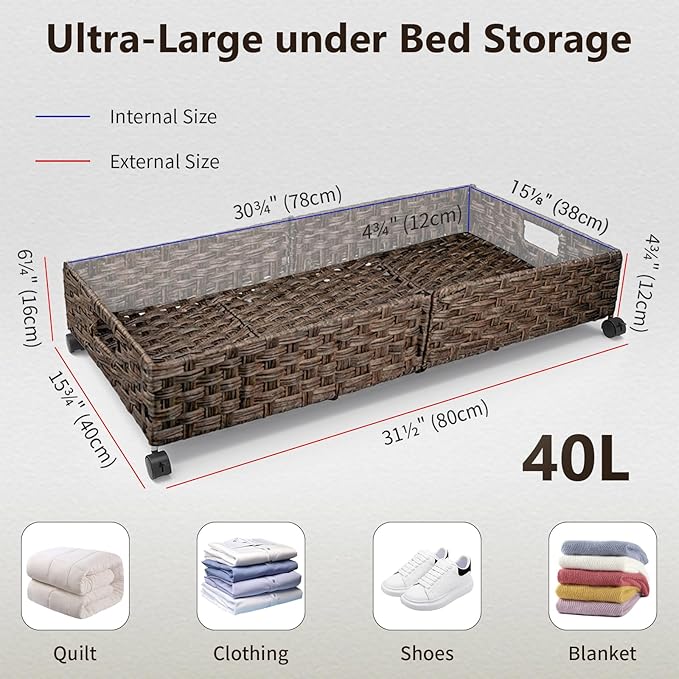 Under Bed Storage with Wheels, 40L Large Rolling Underbed Shoes Storage Boxs, Handwoven Rattan Under Bed Storage Organizer Dr