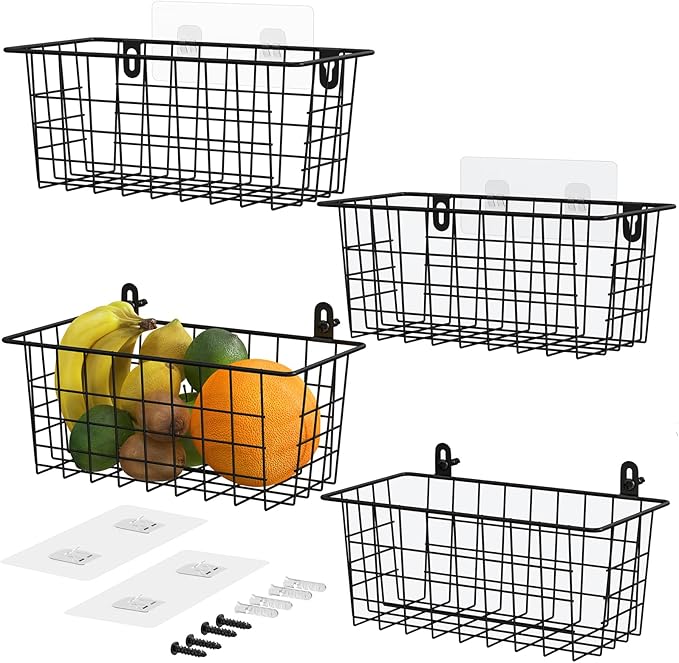 MaraFansie Hanging Wire Baskets Kitchen Storage Basket Adhesive and Screws Basket Over the Cabinet Door Organizer with Adhesi