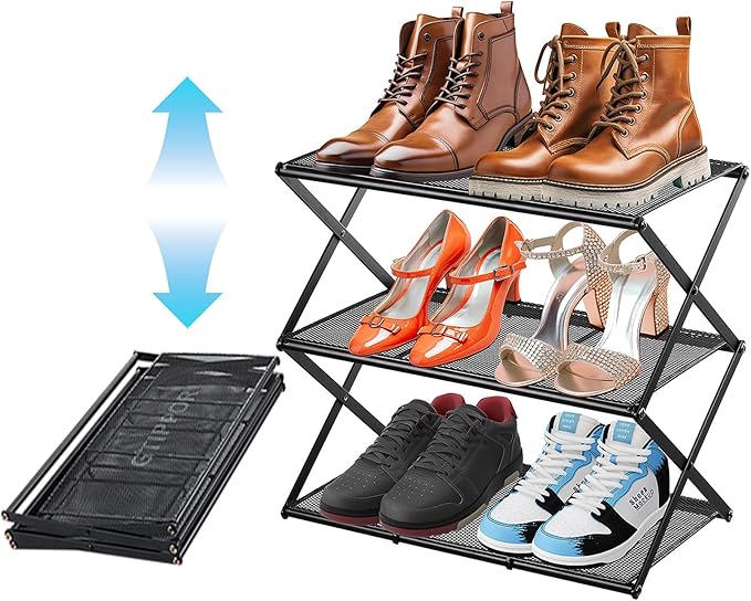 Small Shoe Rack for Entryway - 3 Tier Shoe Organizer Metal Foldable Shoes Storage Rack, Zero Tool Install, Sturdy Shoe Rack f