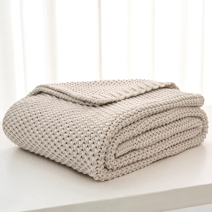 Chunky Cable Knit Throw Blanket Lightweight Beige 100% Organic Cotton Blanket for Sofa Couch Bed Baby Nursery, Rustic Shabby 