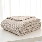 Chunky Cable Knit Throw Blanket Lightweight Beige 100% Organic Cotton Blanket for Sofa Couch Bed Baby Nursery, Rustic Shabby 