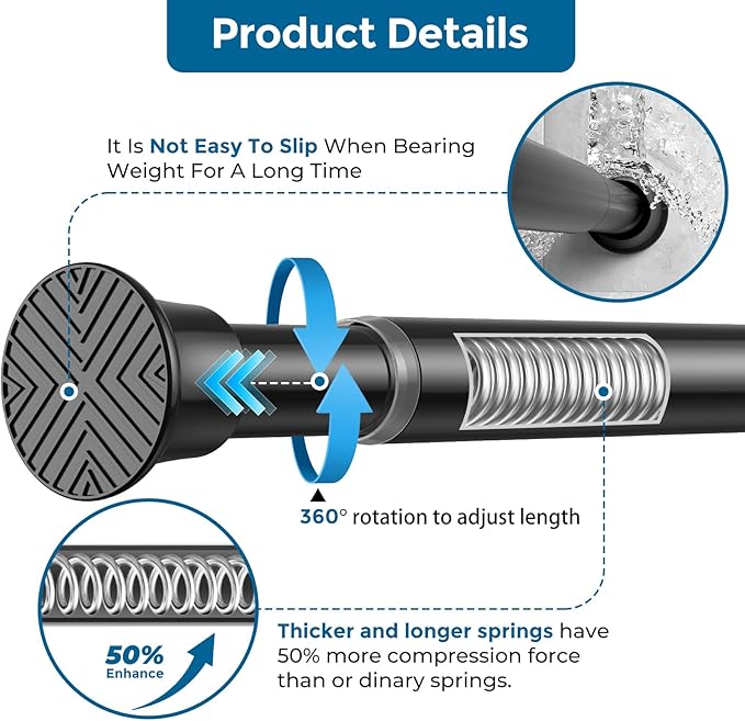 AIZESI Black Adjustable Tension Curtain Rod, 31-63 Inch Spring No Drill Stainless Steel Shower Rods for Bathroom，Closet ，Wind