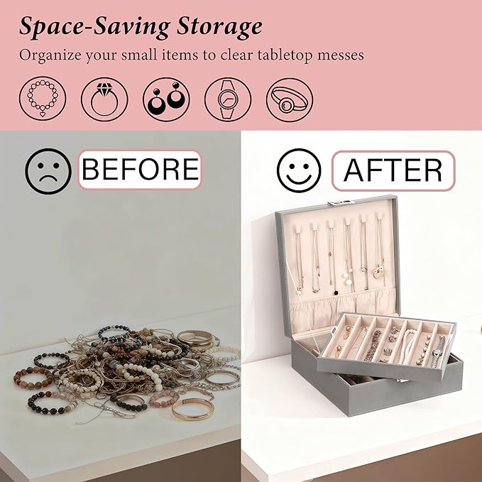 BEWISHOME Jewelry Boxes for Women, 2-Layer Necklace Organizer Box, Modern Style Jewelry Organizers and Storage with Removable