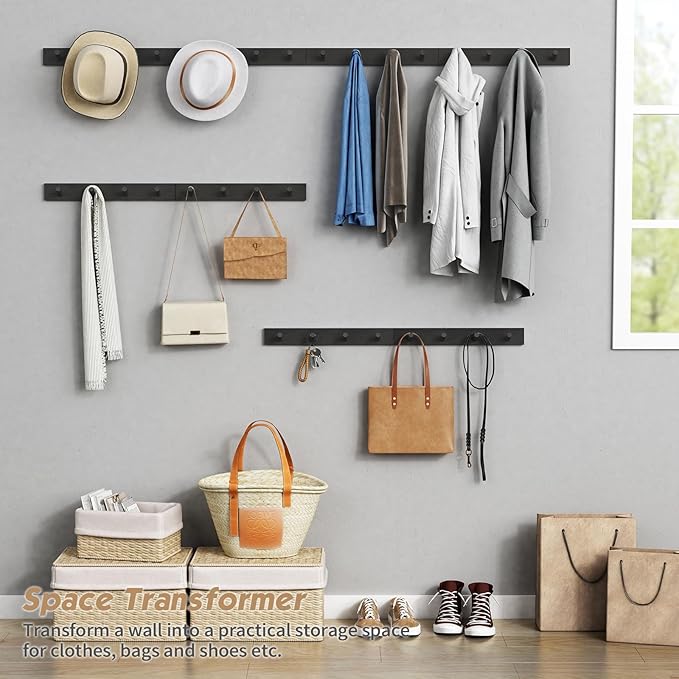 Forbena Black Coat Rack Wall Mount 4-Pack, Rustic Farmhouse Coat Hooks for Wall, Vertical Hanging Hat Rack for Office, Bedroo