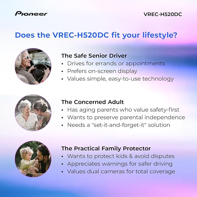 Pioneer VREC-H520DC Dual Dash Cam Front and Rear Car Camera - Large Screen, 2K Resolution, Starvis Night Vision, 140 Degree W