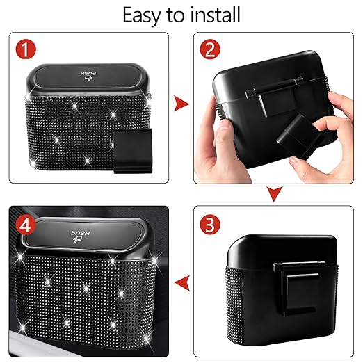 NBTEPEM Bling Car Trash Can with Lid, Mini Auto Garbage Can with 30 Trash Bags, Leakproof Automotive Garbage Container Bin, Bling Car Accessories Trash Can for Women (Black Diamond)