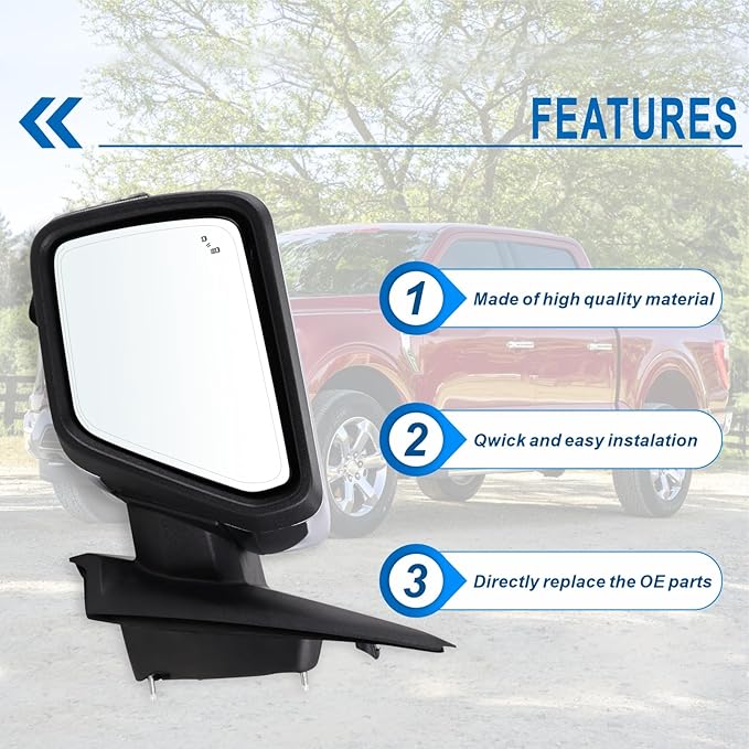 Left Driver Side Mirror Fits 2021-2026 Ford F150 With Power Folding Heated Blind Spot Turn Signal Puddle Light Temperature Sensors Mirror Memory Camera Chrome Replace#ML3Z17683FF5YGY(18+1Pins)