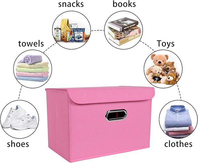 Linen Fabric Foldable Collapsible Storage Cube Bin Organizer Basket Fabric Storage Bins with Lid, Leather Handles, Removable 