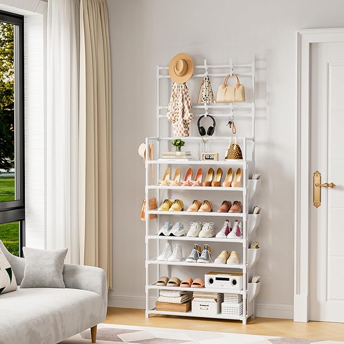 Shoe Rack 7 Tier Shoe Organizer Storage 21-28 Pairs Closet Shoes Rack for Front Door Entrance Shoe Rack Organizer with Hooks 
