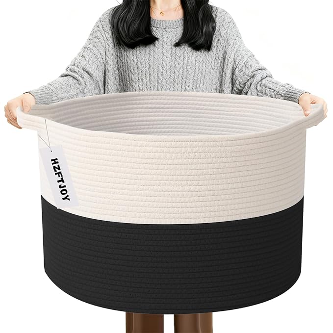 90L Extra Large Blanket Basket,Rope Woven Storage Basket with Handles, Laundry Hamper for Toys, Clothes, Pillows & Towels, Pe