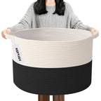 90L Extra Large Blanket Basket,Rope Woven Storage Basket with Handles, Laundry Hamper for Toys, Clothes, Pillows & Towels, Pe