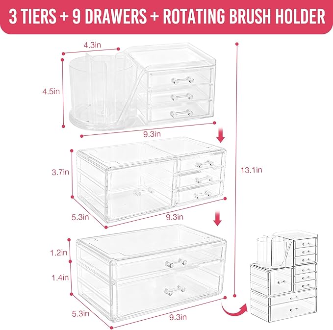 ShineMe Clear Makeup Organizer with 9 Drawers, 3 Tier Stackable Makeup Storage Organizer with Rotating Brush Holder, Acrylic 