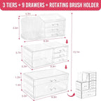 ShineMe Clear Makeup Organizer with 9 Drawers, 3 Tier Stackable Makeup Storage Organizer with Rotating Brush Holder, Acrylic 