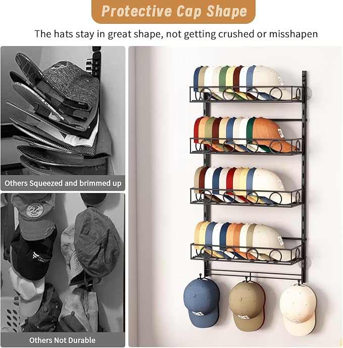 Over Door Hat Organizer 5 Tier Wall Mounted Hat Rack with 4 Adjustable Metal Basket and 3 Hooks Hat Organizer for Baseball ca