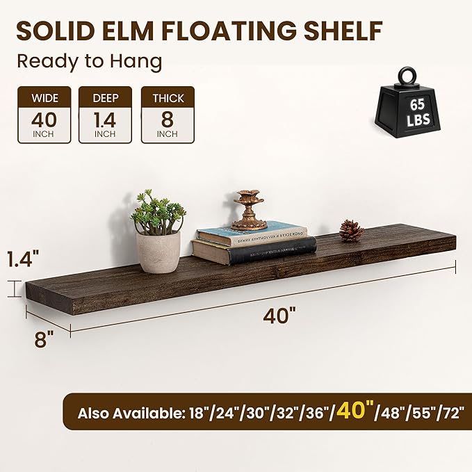 Dreamland Floating Shelves for Wall 40"x8" Set of 2 - Flat Edge Rustic Solid Elm Wood Shelves, Heavy Duty Wall Mounted Shelve