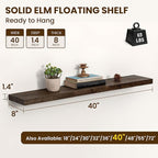 Dreamland Floating Shelves for Wall 40"x8" Set of 2 - Flat Edge Rustic Solid Elm Wood Shelves, Heavy Duty Wall Mounted Shelve