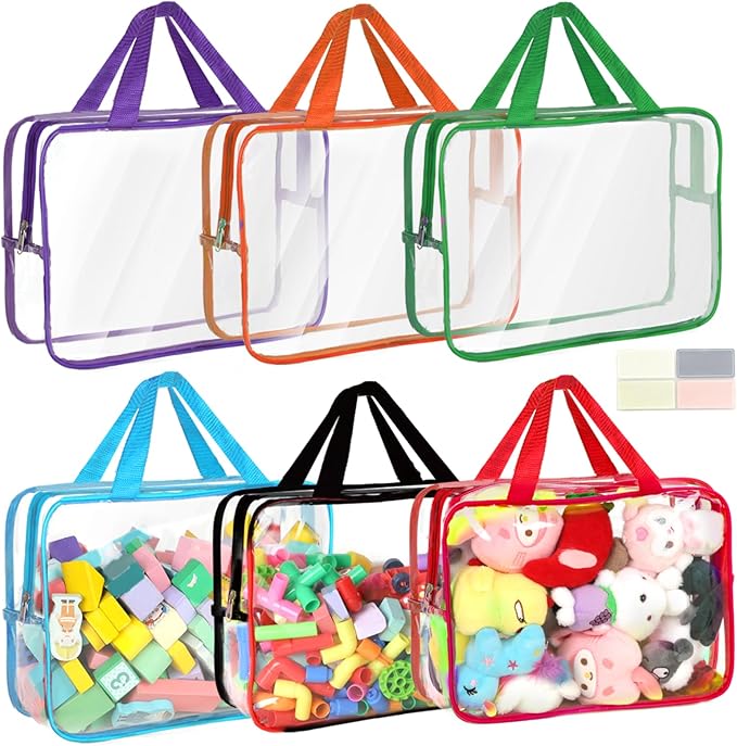 6 Packs Toy Storage Bags with Labels, 11.8x8.7x3.9In Large PVC Reusable Clear Board Game Storage with Zipper, Travel Waterpro