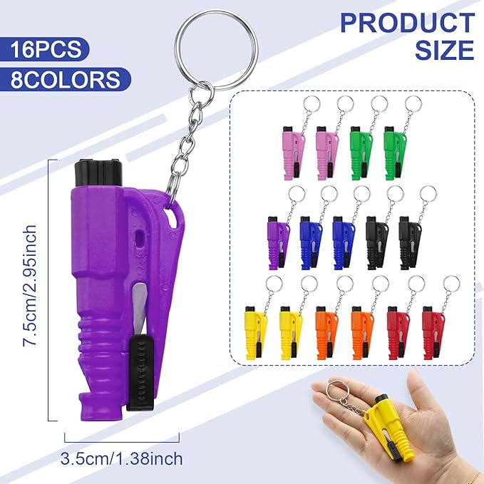 PIFOOG 16 Pcs Car Window Breaker Keychain 3-in-1 Emergency Escape Tool Glass Breakers Seatbelt Cutter Rescue Whistle Mini Com