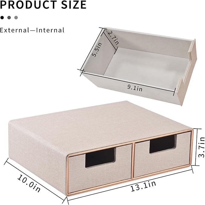 Stackable Drawer Organizer PU Leather Classic Handmade and Linen Leather Desk Organizer with Drawers－Mini Desktop Drawer Orga