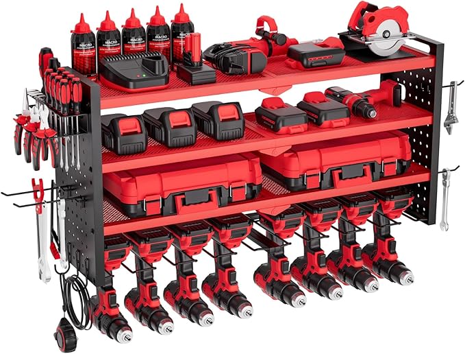 VEVOR Power Tool Organizer Wall Mount, 4-Layer Storage Rack with 8 Drill Holders, Tools Holder and Storage Rack with Side Peg