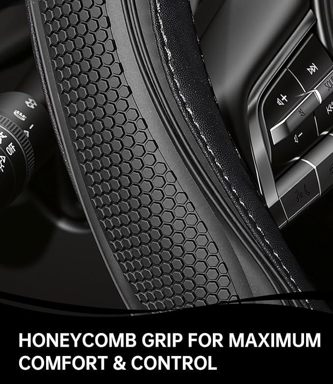 XCBYT Steering Wheel Cover - Black Leather Steering Wheel Wrap Great Grip with 3D Honeycomb Quick and Effortless Installation