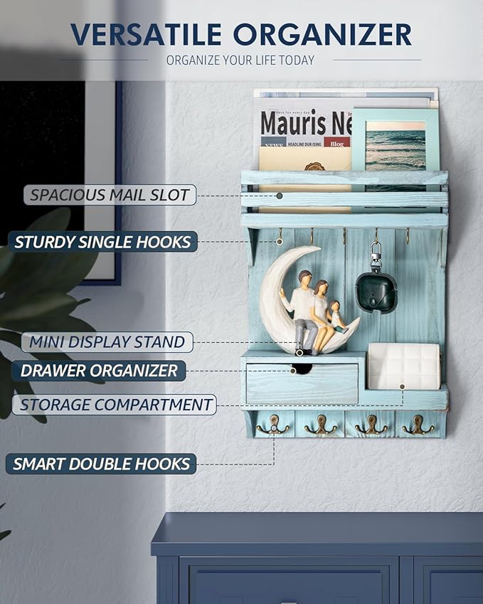 Rebee Vision Decorative Key Holder Wall Mount with Mini Drawer Organizer - Stylish Key Holder for Wall with Mail Organizer & 