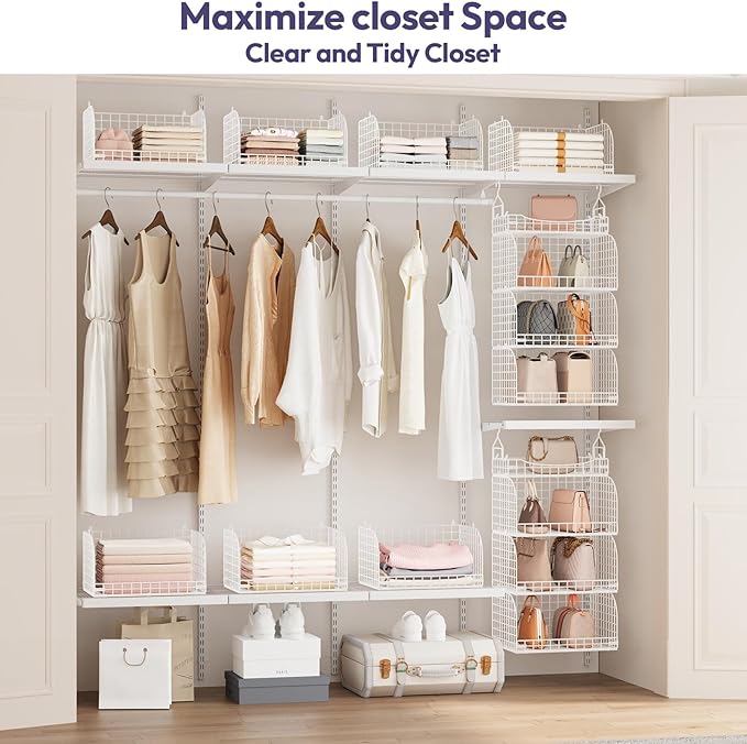 SWTYMIKI Hanging Closet Organizer Storage - 4 Tier Metal Stackable Hanging Closet Shelves with Dividers and S Hooks, Foldable
