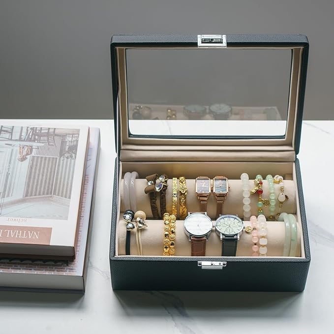 Bracelets Organizer Rods Bangles Display Holder, Clear See through Lid Leather Velvet Jewelry Storage Box Case for Women, 2 R