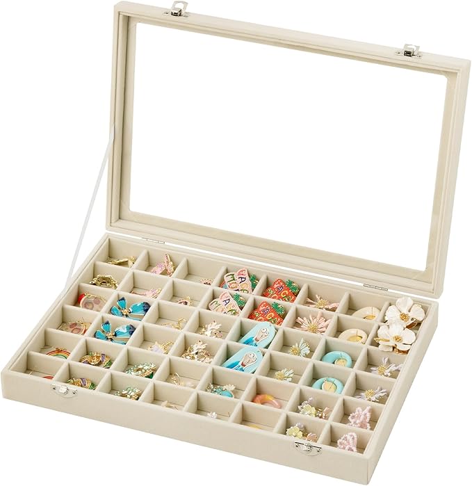 Frebeauty 48 Grid Jewelry Tray,Adjustable Earring Holder Organizer with Glass Lid,Velvet Drawer Jewelry Organizer for Rings,S